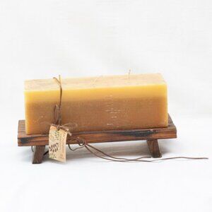 Large 3 Wick Candle On Japanese Style Wood Base Floral Scented Yellow 9" x 3"